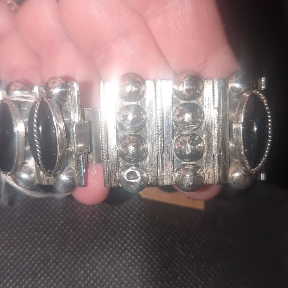 CHUNKY Vintage Mexican Sterling & Onyx Bracelet 1940s Brutalist